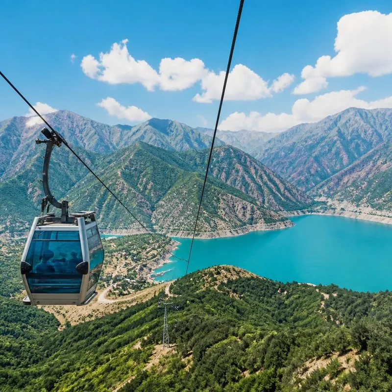 Taşkent yakınlarında Çarvak Baraj Gölü üzerinde bir teleferik